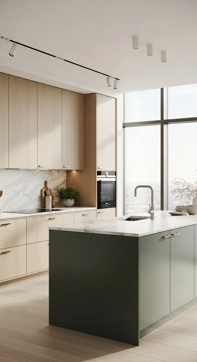 Oak and dark green kitchen doors