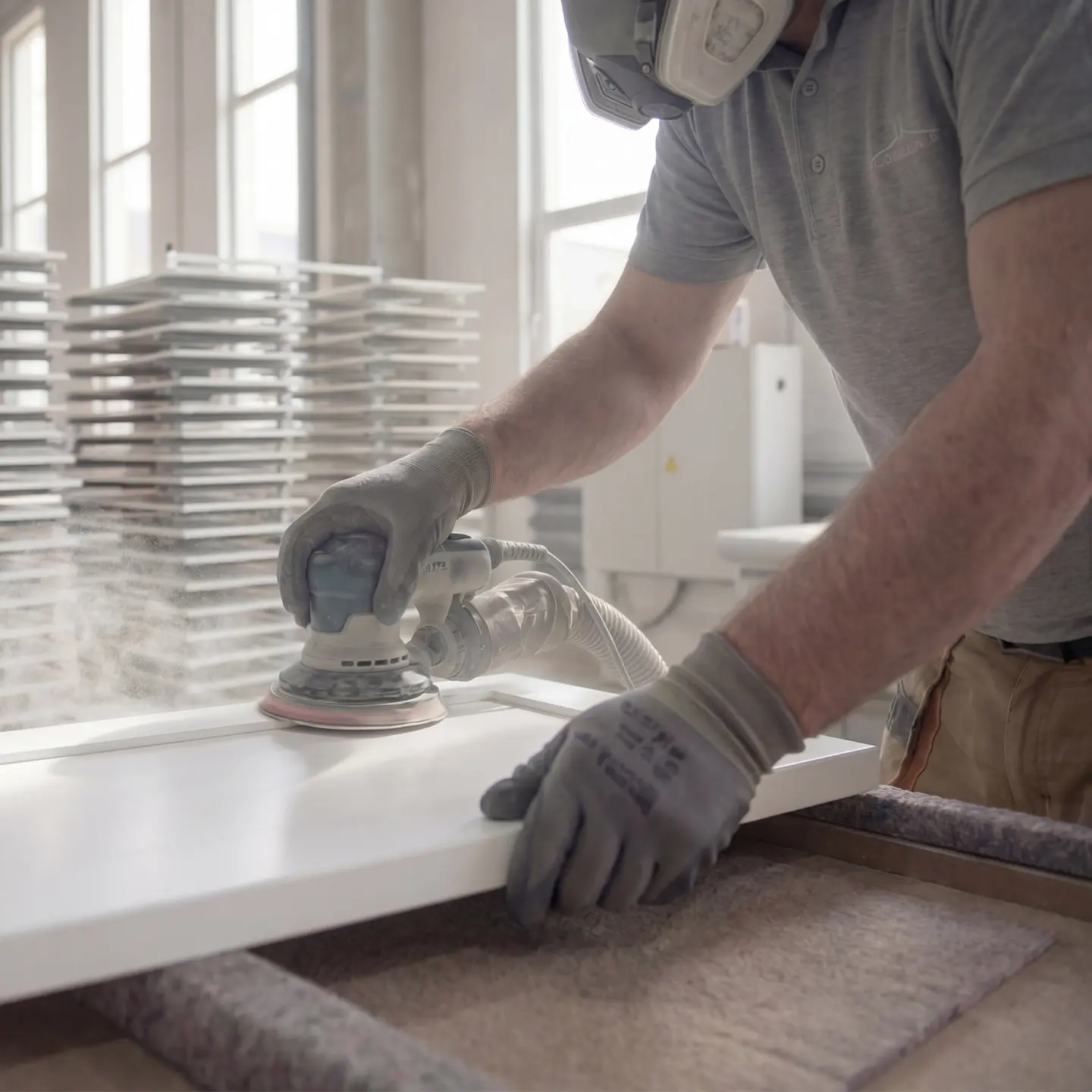 Kökslucka som slipas i produktionen hos Sankt George för en jämn och förberedd yta inför lackering