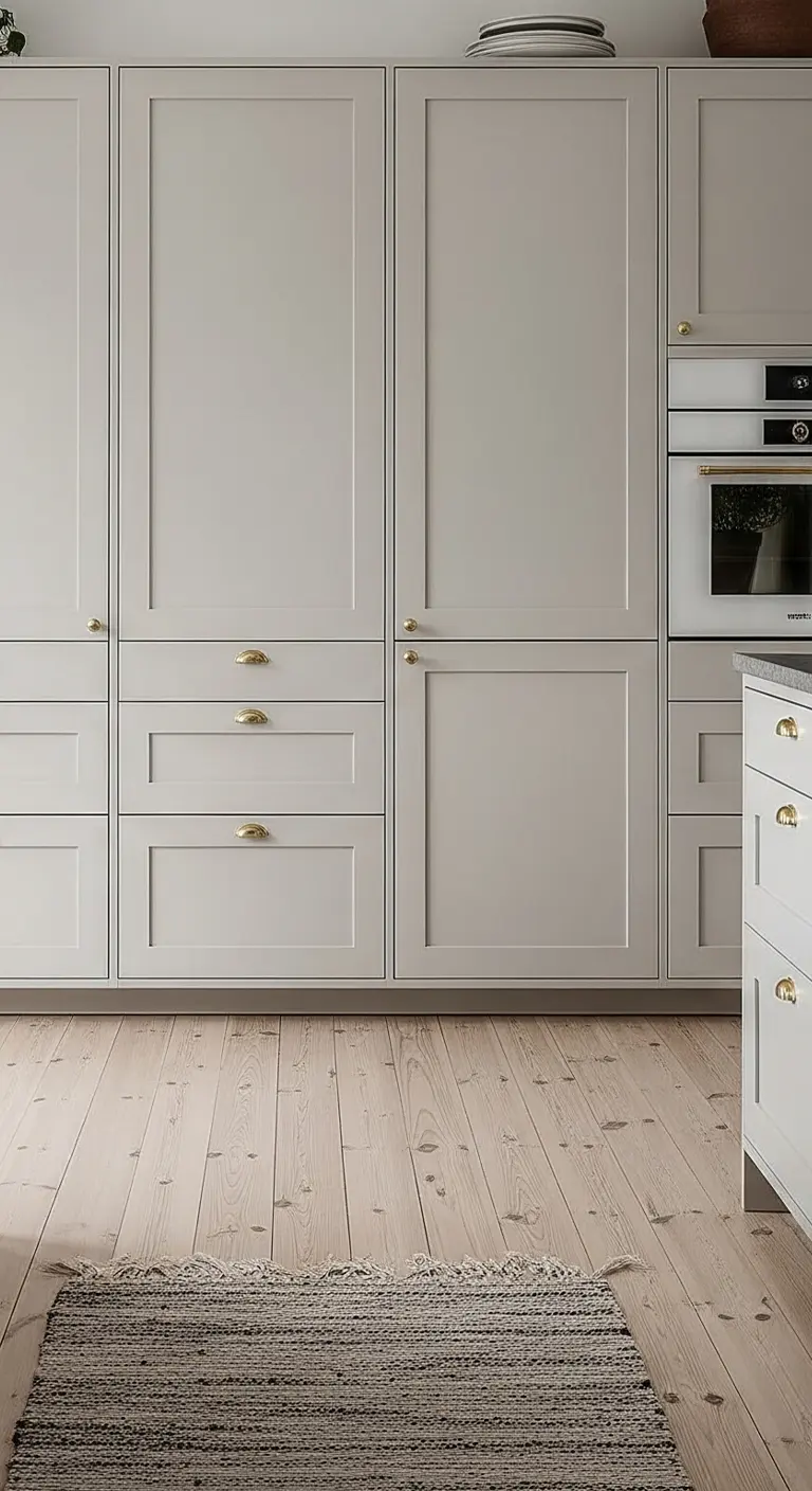 Shakerkök i greige till IKEA Metod med distanslister, mässingshandtag och ljus träparkett