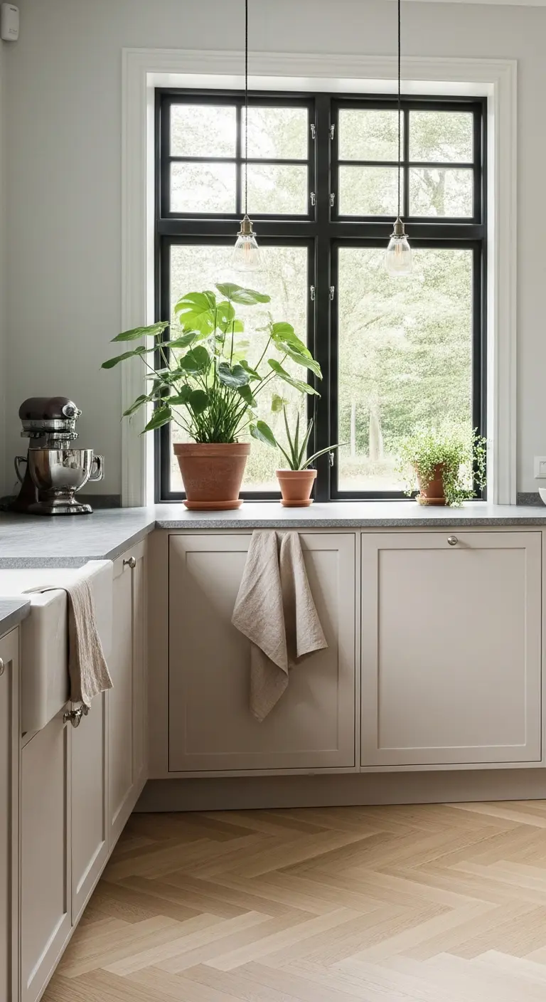 Greige shakerkök med köksö i mörk ek, marmorbänkskiva och stora fönster