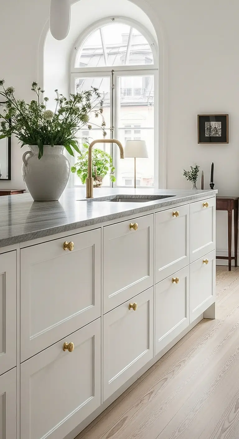 Vitt shakerkök till IKEA Metod med klassiska ramluckor och mässingsdetaljer