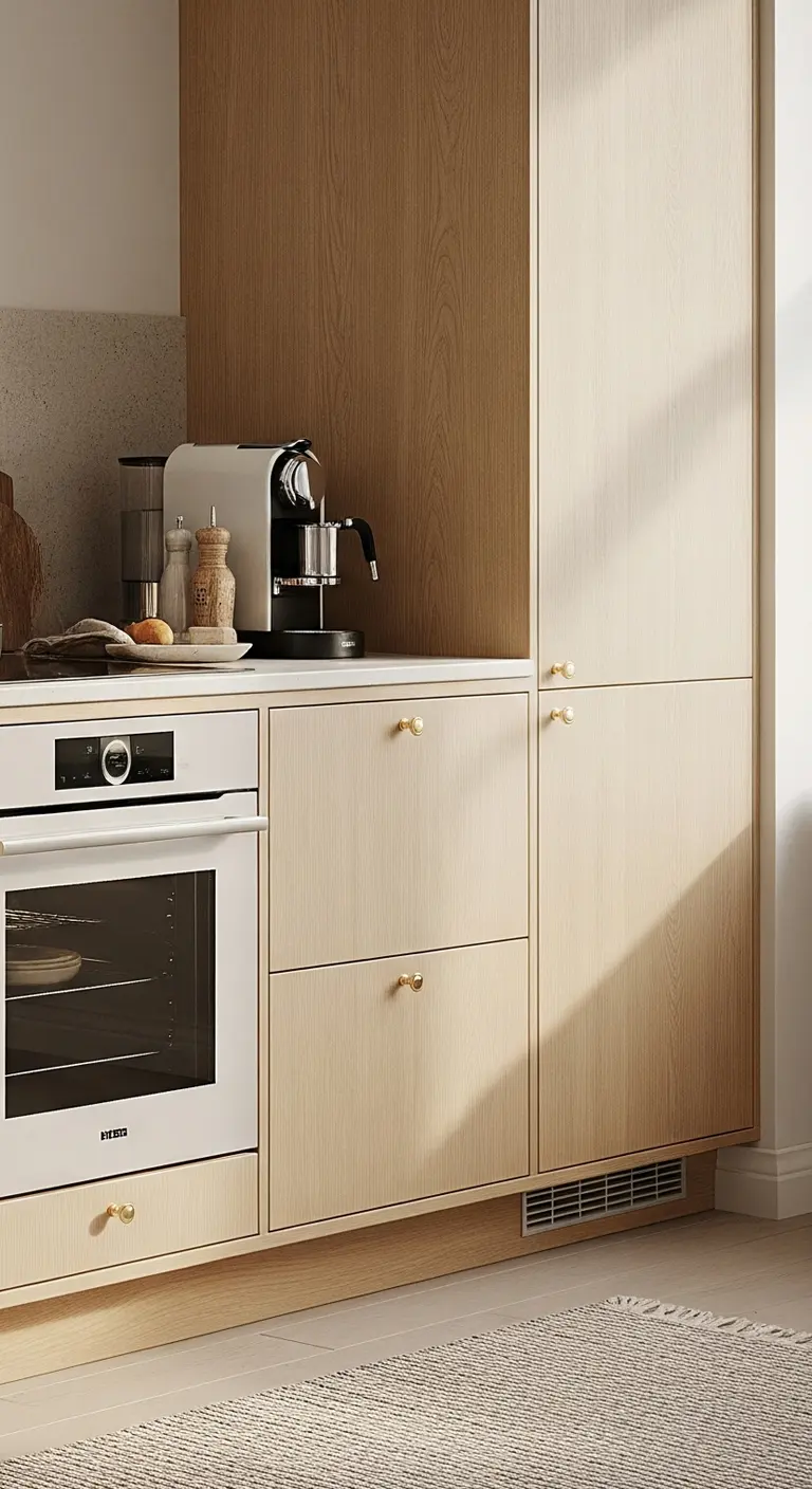 Shakerkök i ljus ekfanér med naturligt trä och distanslister