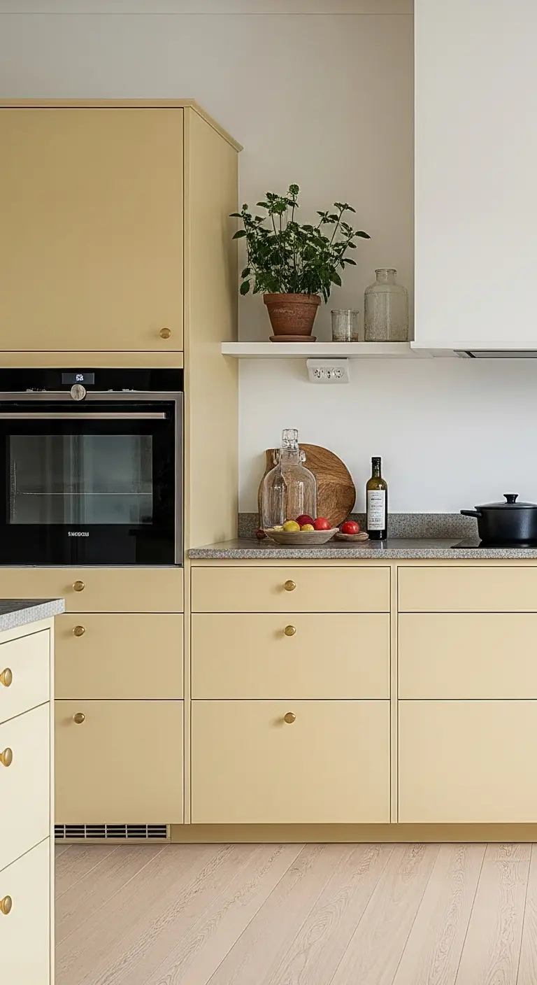 Gult shakerkök till IKEA Metod med ljus bänkskiva och mässingsdetaljer