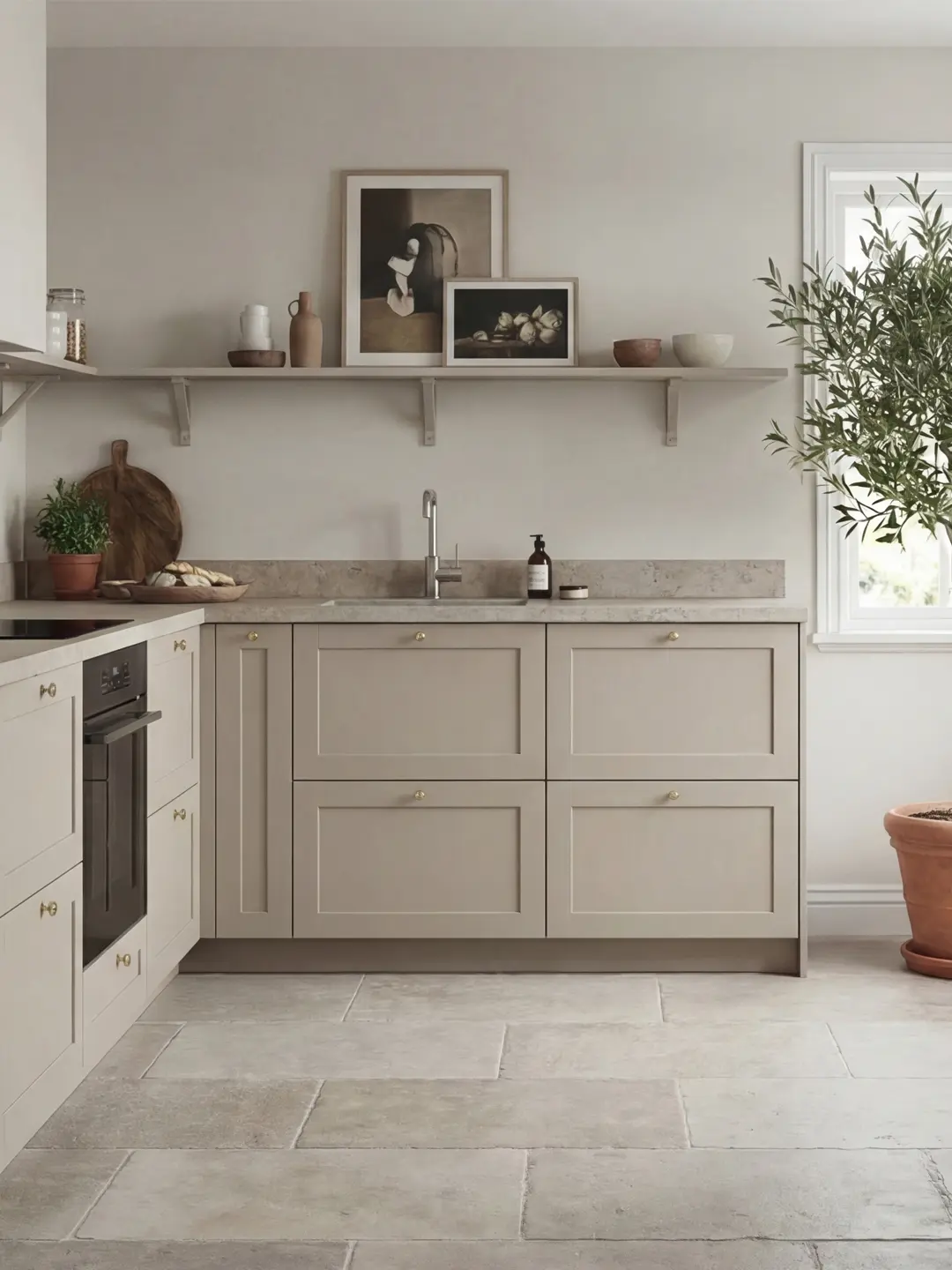 Kök med ramlucka Studio i Timeless Greige, kalkstensgolv och kalkstensbänkskiva