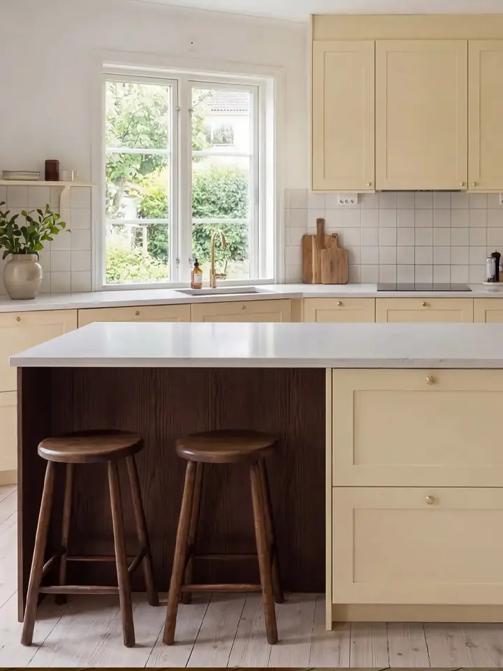 Varmt ljust kök med klassiska ramluckor, mörkt trä och ljusa trägolv