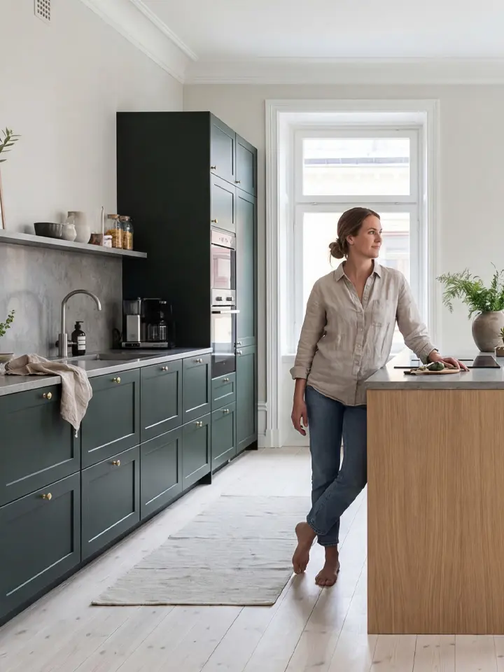Mörkgrönt kök med klassiska ramluckor, varm ek och ljusa golv