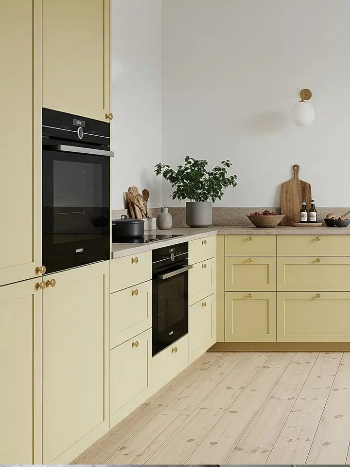 Ljusgult kök i klassisk miljö med ramluckor, stenbänkskiva och ljusa trägolv