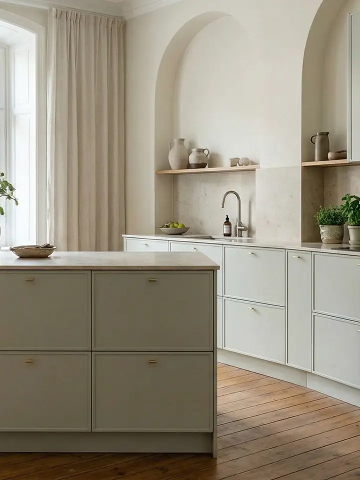 Smörgult kök med ramluckor, stenbänkskiva och ljusa trägolv