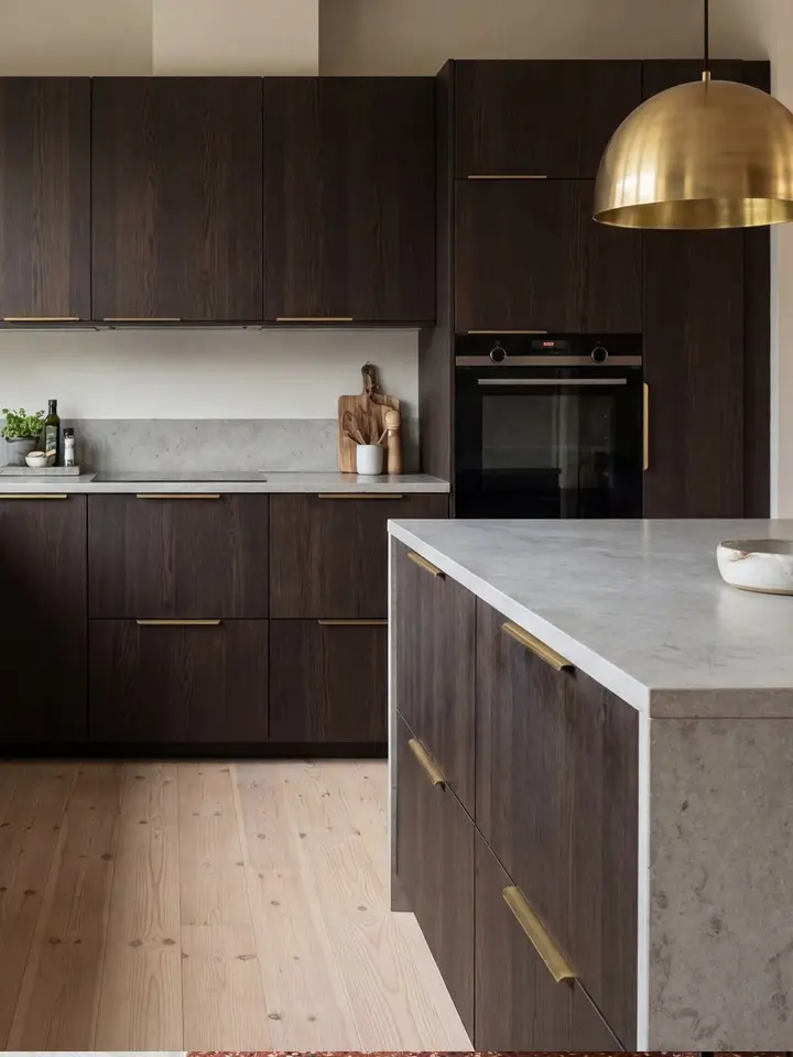 Kök med ljus ek och målade köksluckor i varm ton