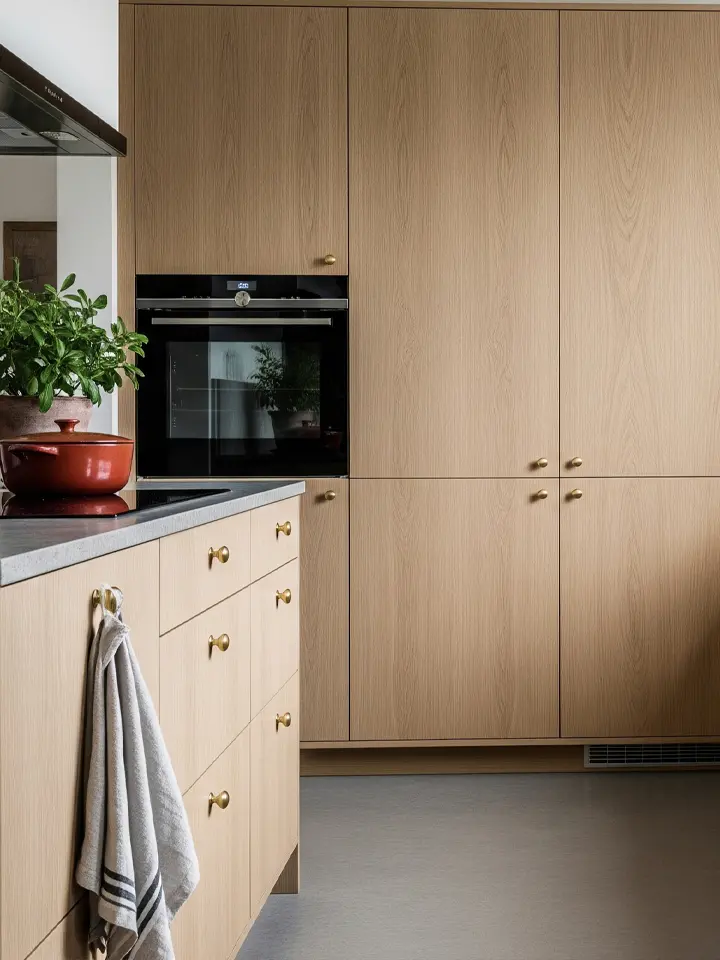 Kök i mörk betsad ek med köksö och bänkskiva i sten