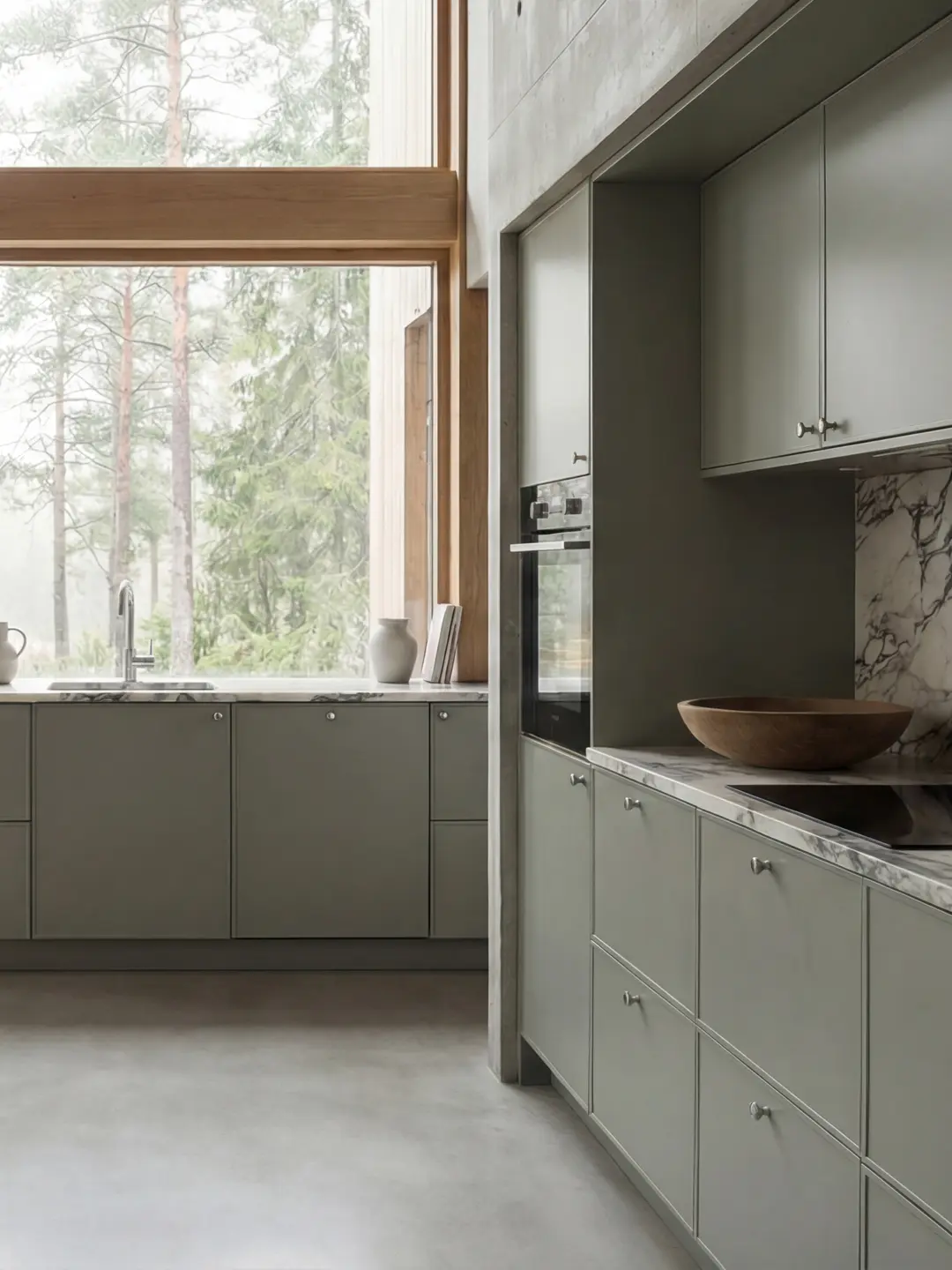 Kök med gröna ramluckor, mässingshandtag och marmorbänkskiva i klassisk arkitektur