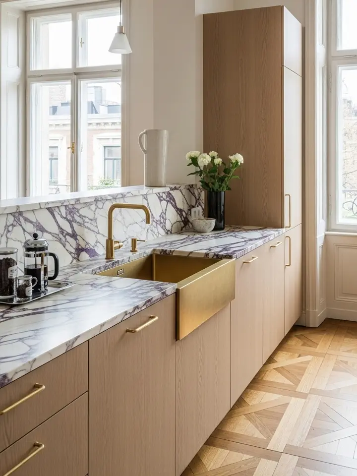 Blått kök med köksö i mörk ek och moderna detaljer