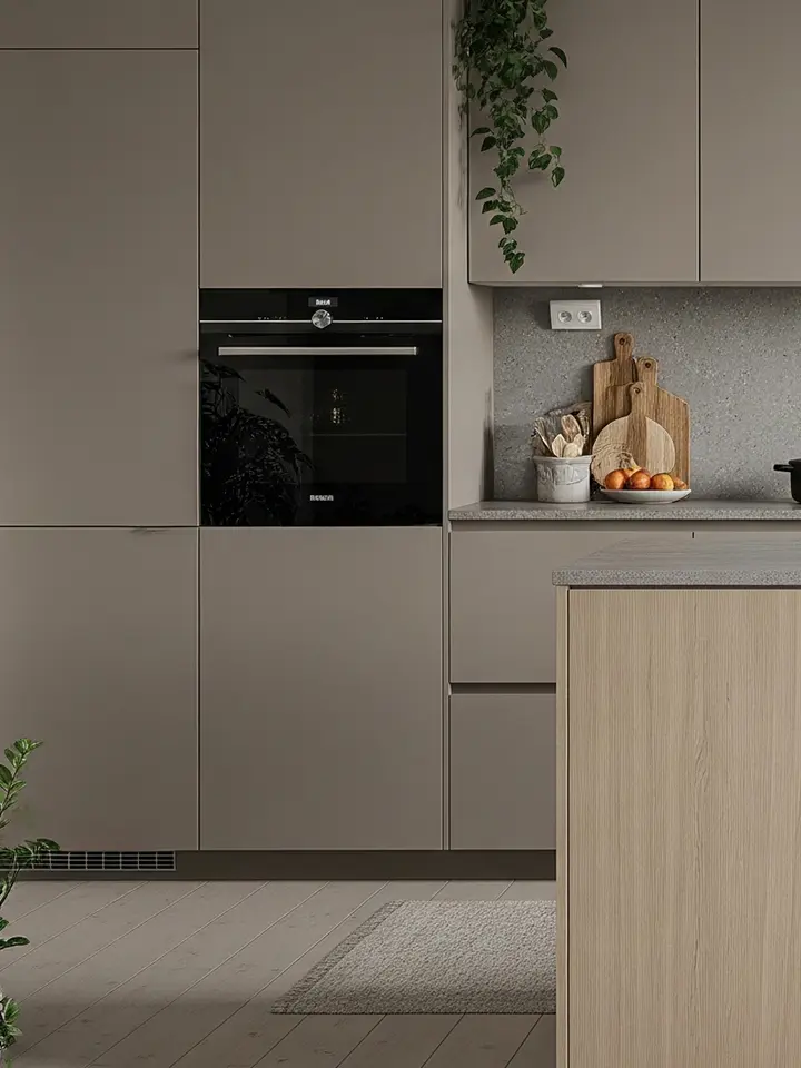 Kök med vita ramluckor och köksö i mörk ek med bänkskiva i natursten