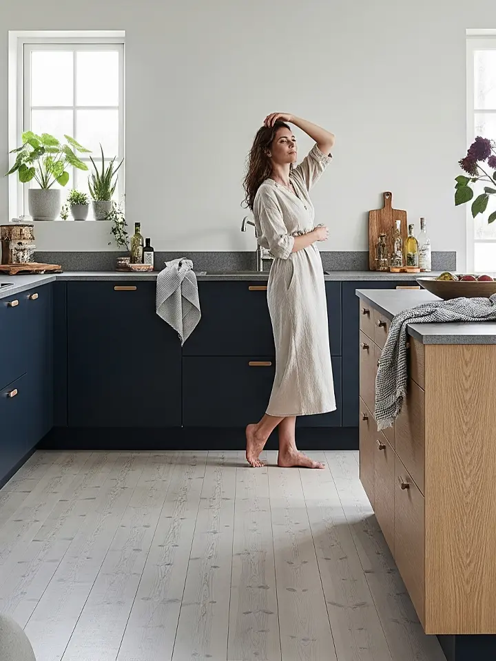 Greige kök med släta luckor och köksö i ljus ek