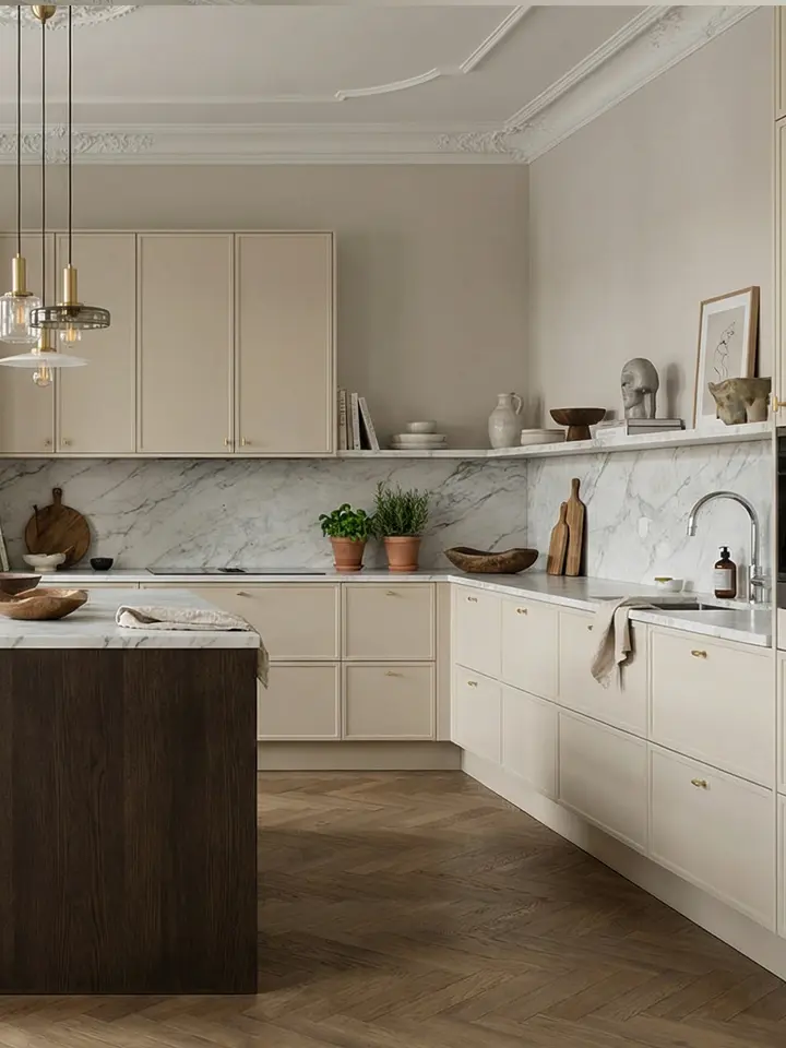 Ljust kök med klassiska ramluckor och köksö i mörk ek