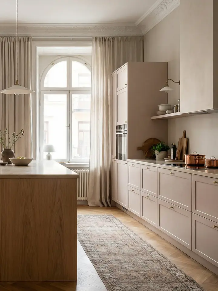 Klassiskt kök med ramluckor, marmorstänkskydd och köksö i mörk ek