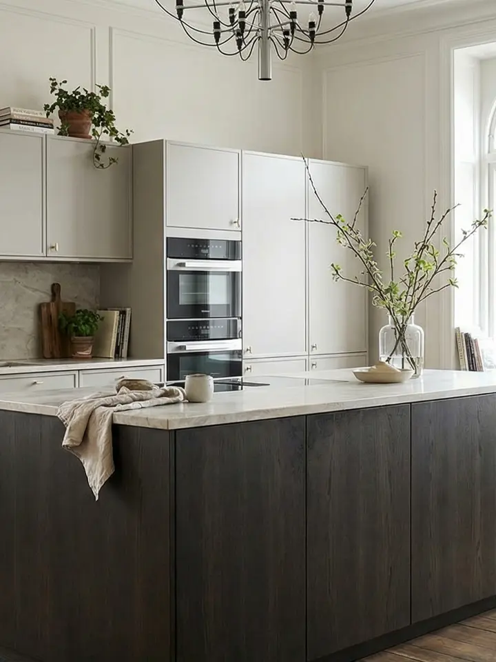 Kök med ramluckor i varm beige ton och köksö i ek