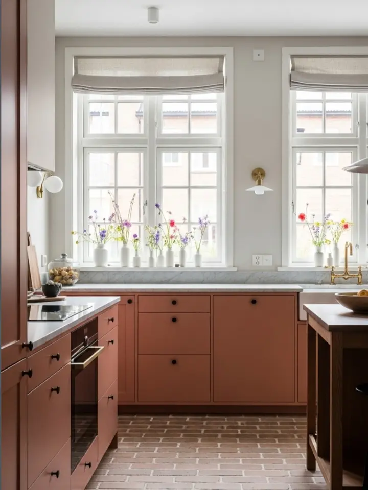 Kök med ramluckor i varm beige kulör, marmorstänkskydd och köksö i ljus ek