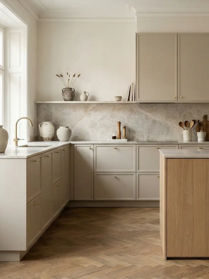 Kök med gröna ramluckor, marmorstänkskydd och klassisk arkitektur med träbjälkar