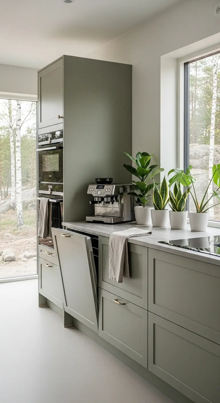 Flow in light grey kitchen with greenery and marble details