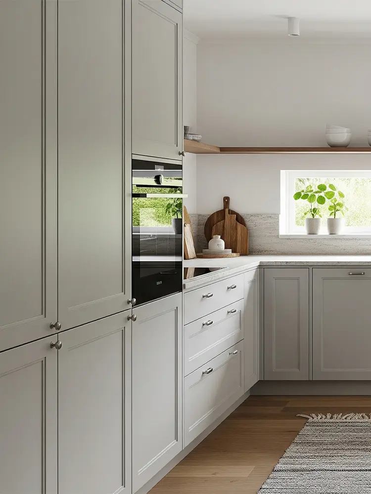 Duo framed doors in a light colour with double frames and pronounced depth, illuminated by daylight in a timeless kitchen.