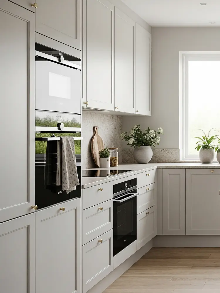 Duo framed doors in a warm neutral tone with classic proportions and a clear architectural structure.