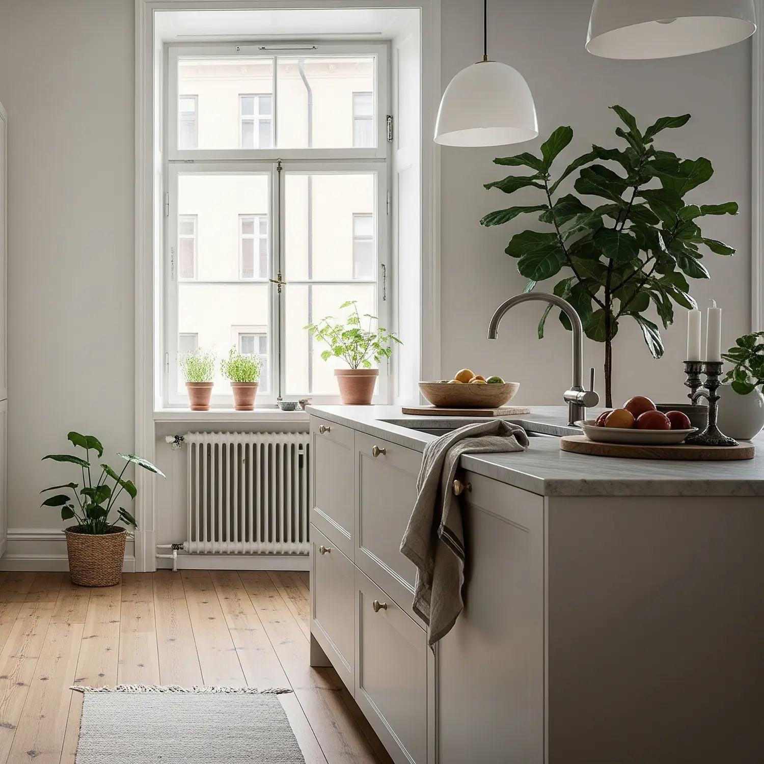 Duo kitchen with double framed doors and calm Scandinavian styling.