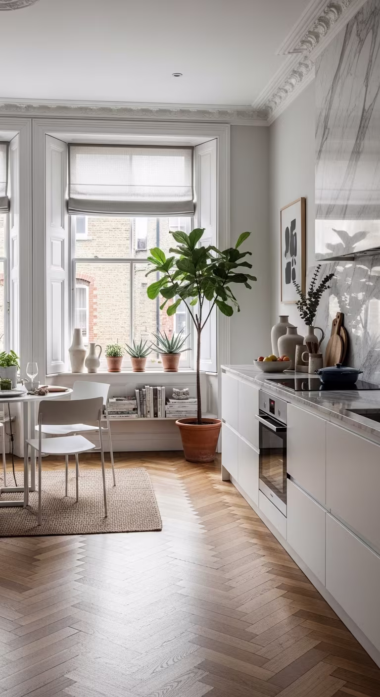 Modern white kitchen with marble backsplash, herringbone wood floor and large windows with plants.