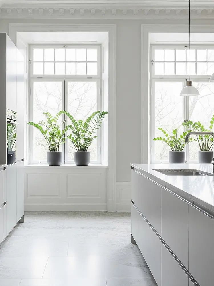Flow köksluckor i Frost Grey med stenbänkskiva och stora fönster.