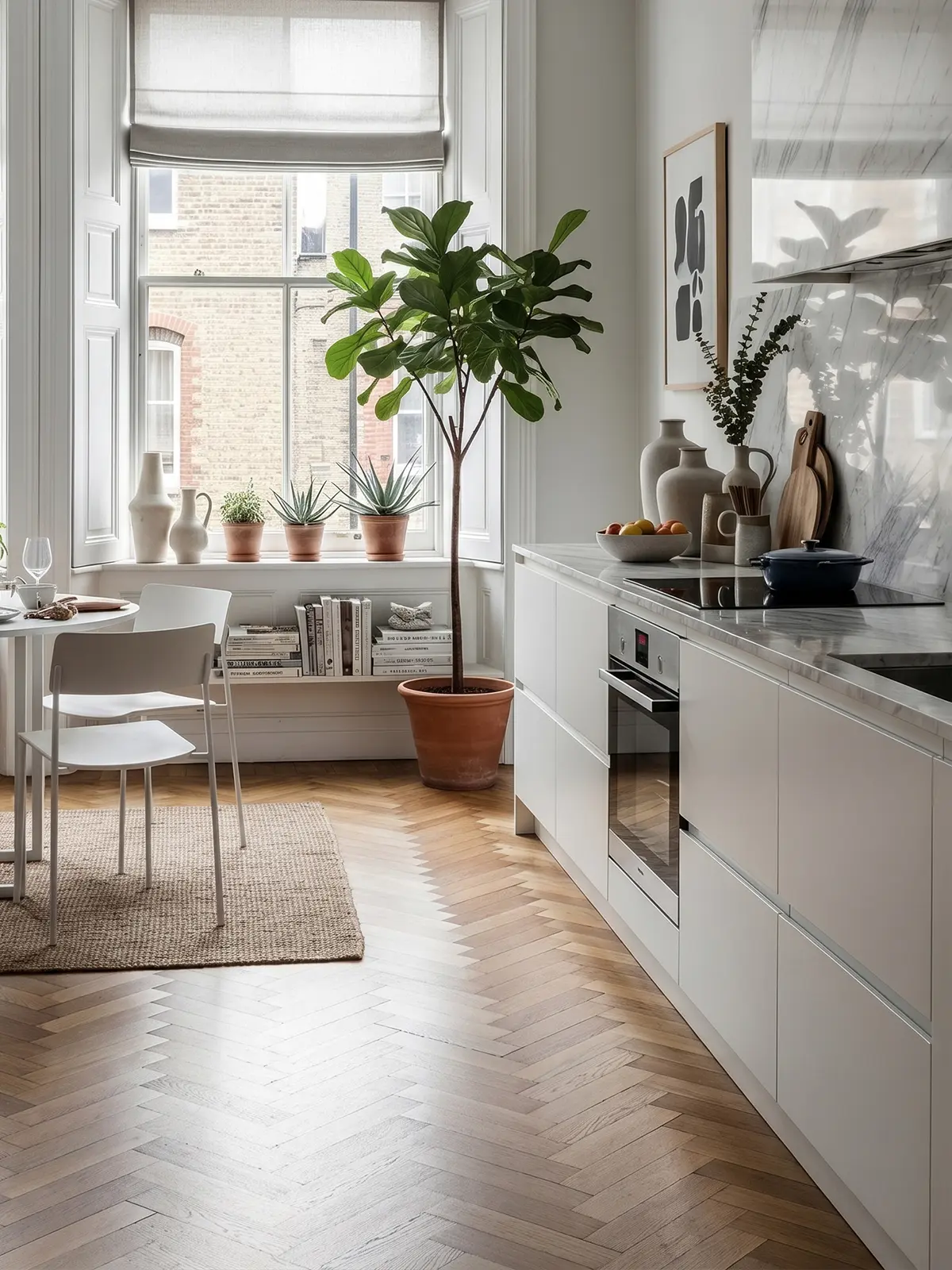 Detalj av kök med Flow köksluckor i S 0500-N, ugn, marmorskiva och vit marmorvägg.