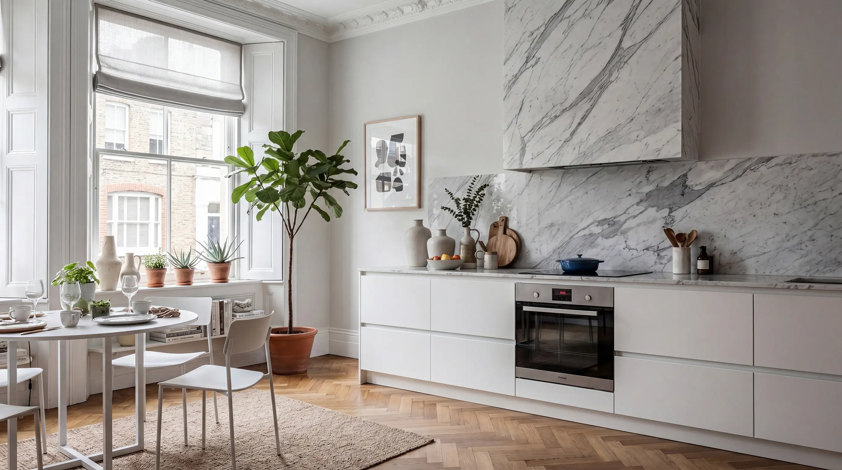 Kök med köksluckor i modellen Flow i S 0500-N, marmorskiva, vit marmorvägg och fiskbensparkett.