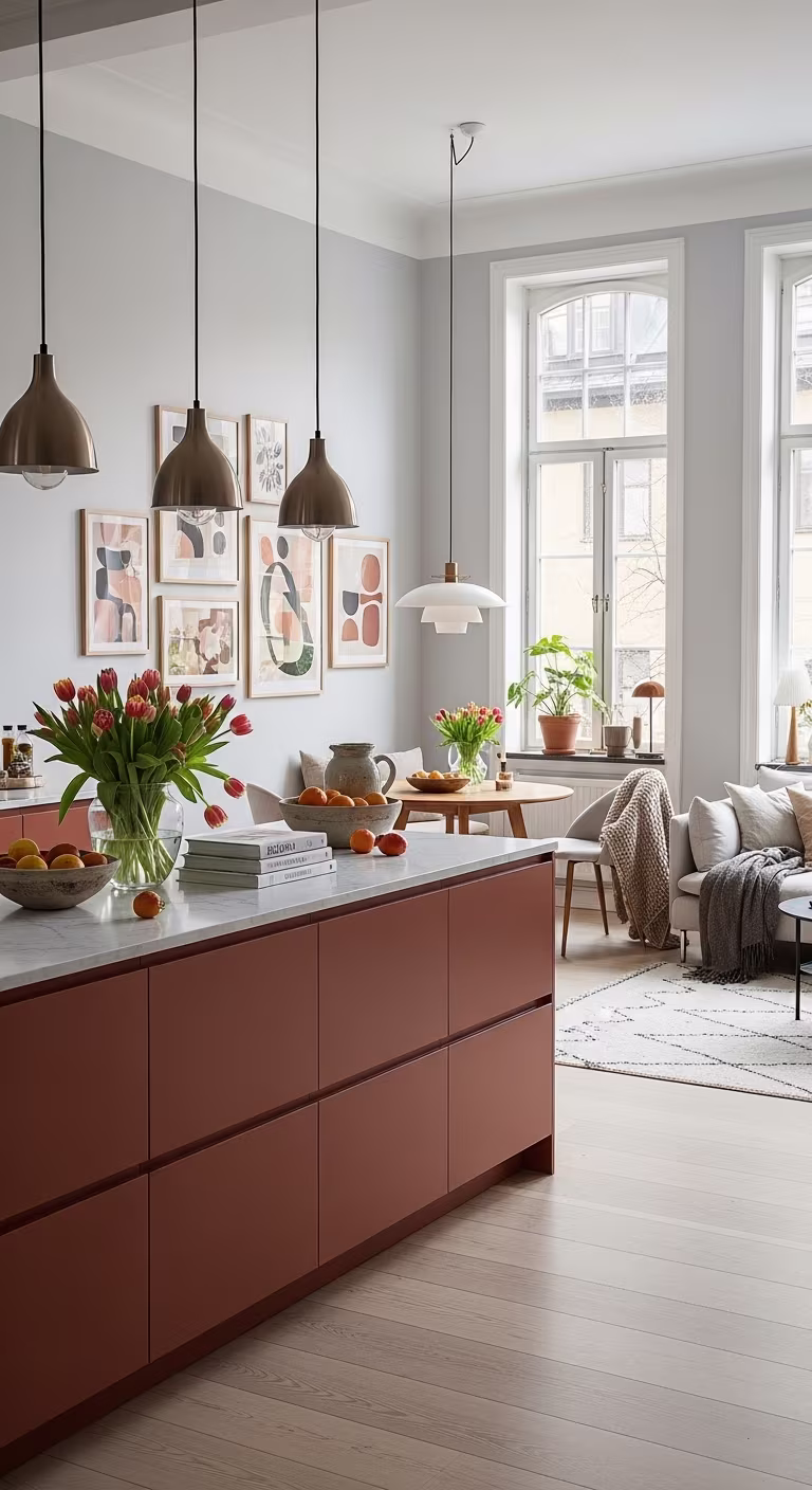 Modern kitchen with terracotta island, marble countertop, tulips and Scandinavian decor.