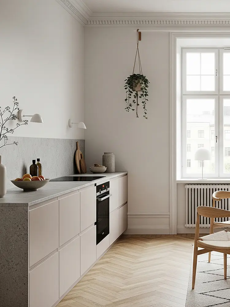 Flow köksluckor i S 1505-Y20R med varm beige ton, sten och trä.