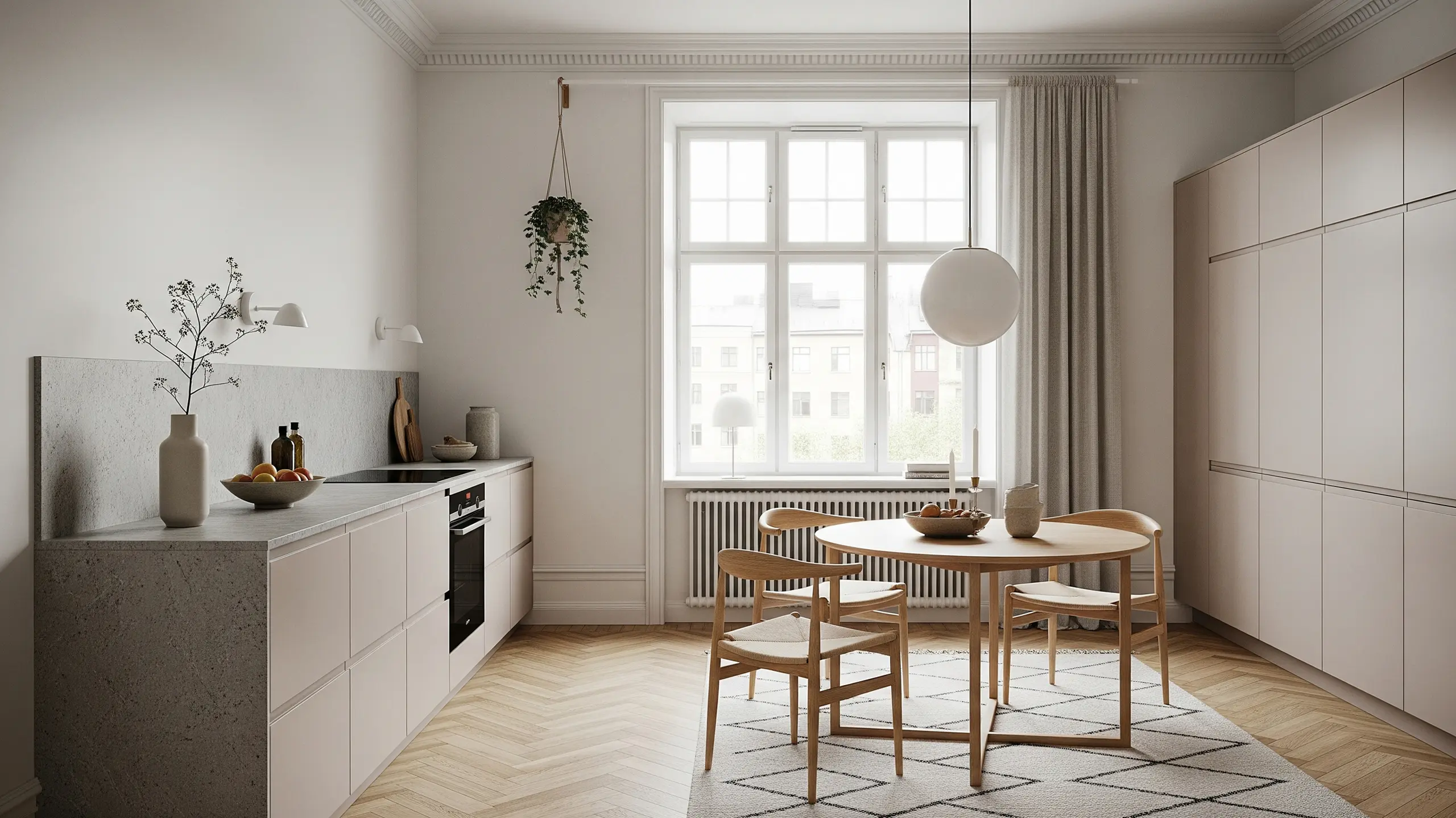 Kök med Flow köksluckor i S 1505-Y20R, ljus sten, trädetaljer och nordisk inredning.