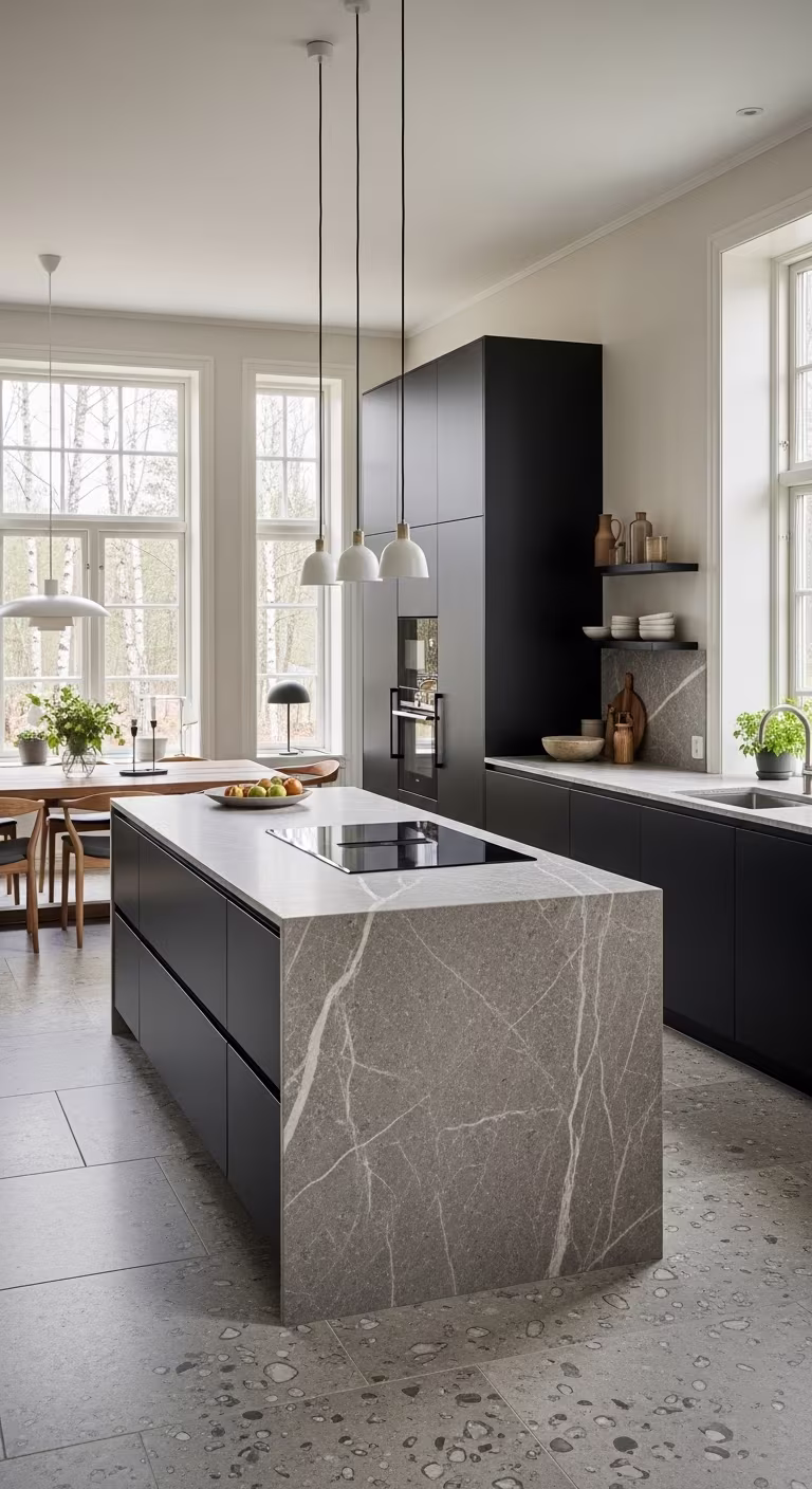 Modern kitchen with black cabinets, stone island with marble veining and large windows.