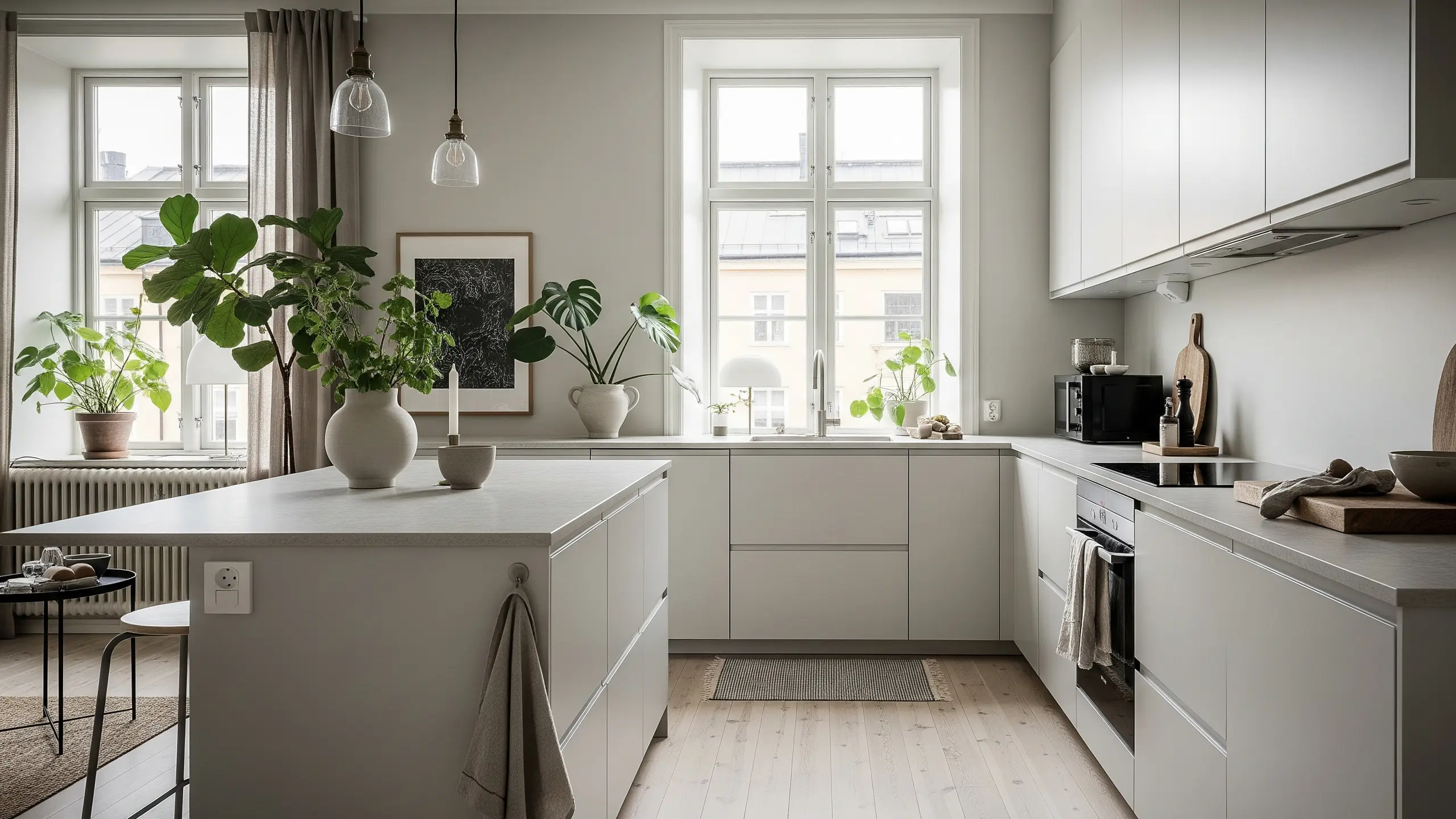 Kök med Flow köksluckor i ljus beige, ljus sten, trädetaljer och nordisk inredning.