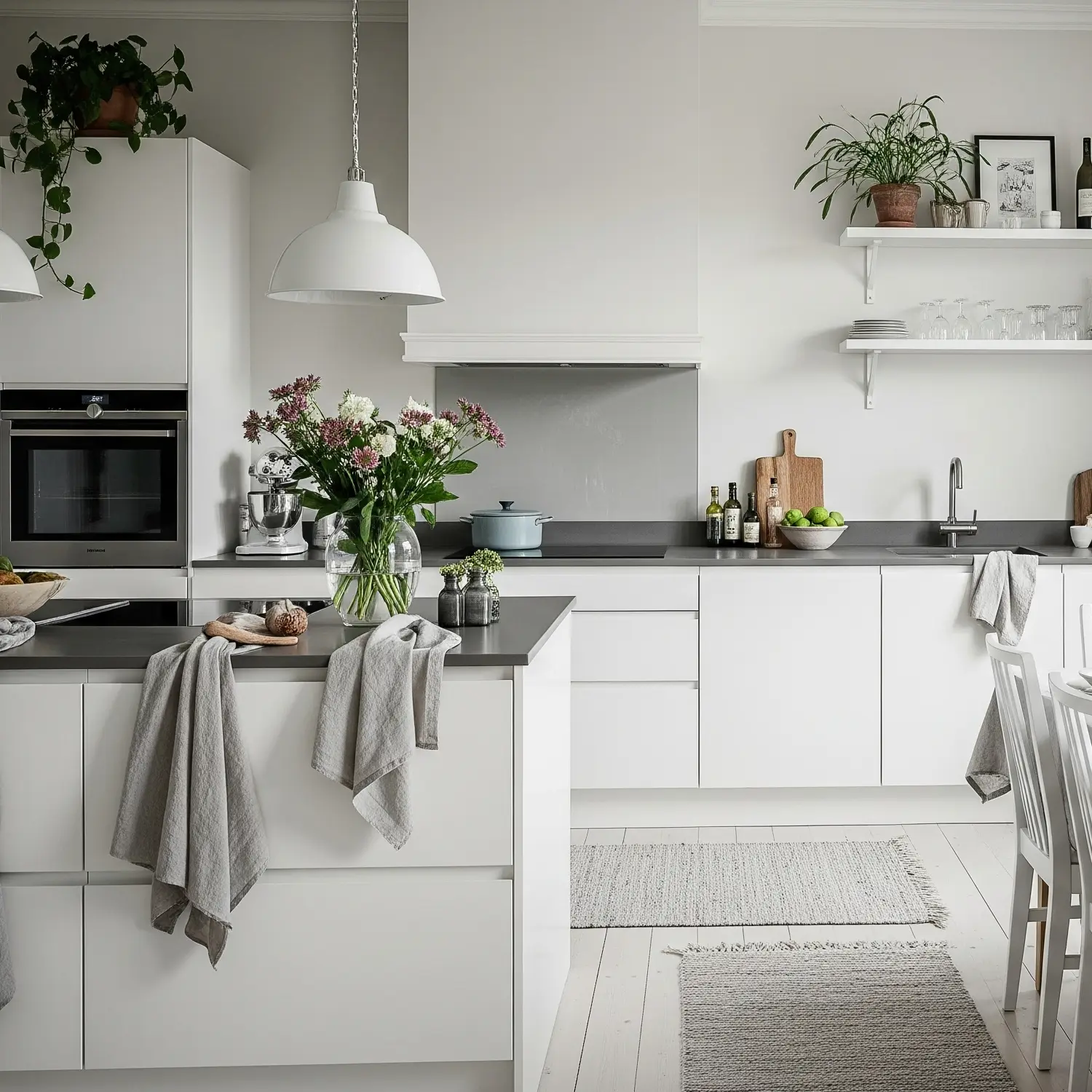 White kitchen with smooth doors, brass faucet, grey countertop and potted plants in the window.