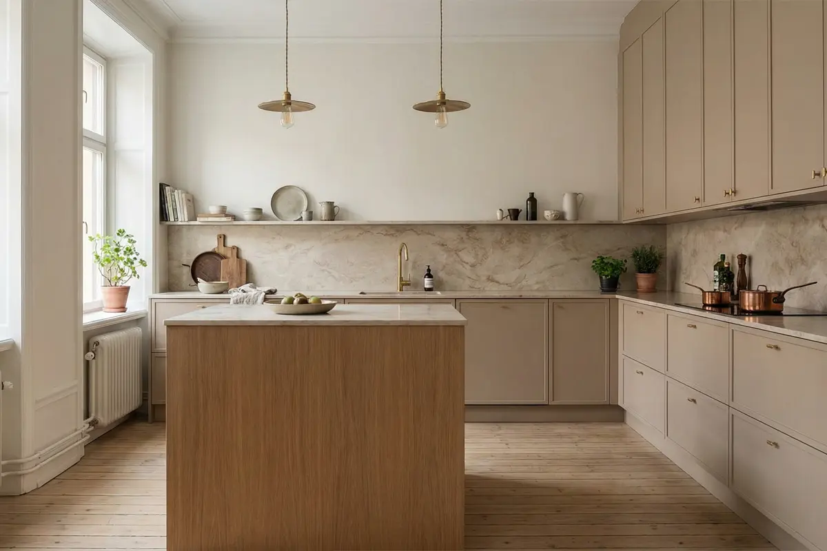 Bright kitchen with Frame doors, marble surfaces and daylight reflecting in the mirrored panels.