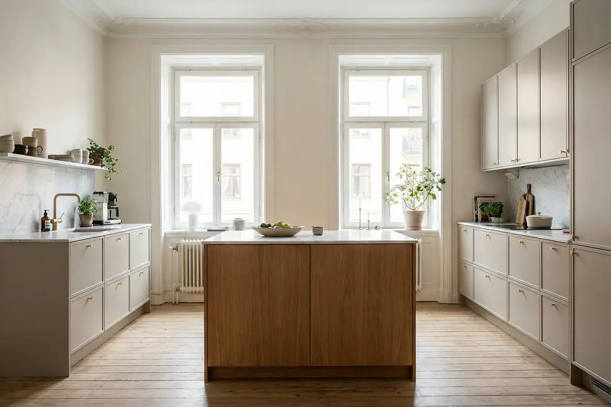 Kitchen island with Frame doors in muted grey, marble details and greenery.