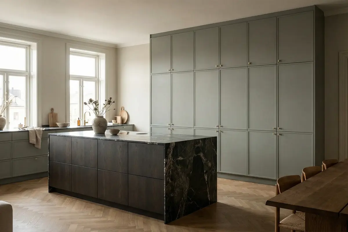 Warm kitchen interior with Frame doors in earthy tones and Scandinavian styling.