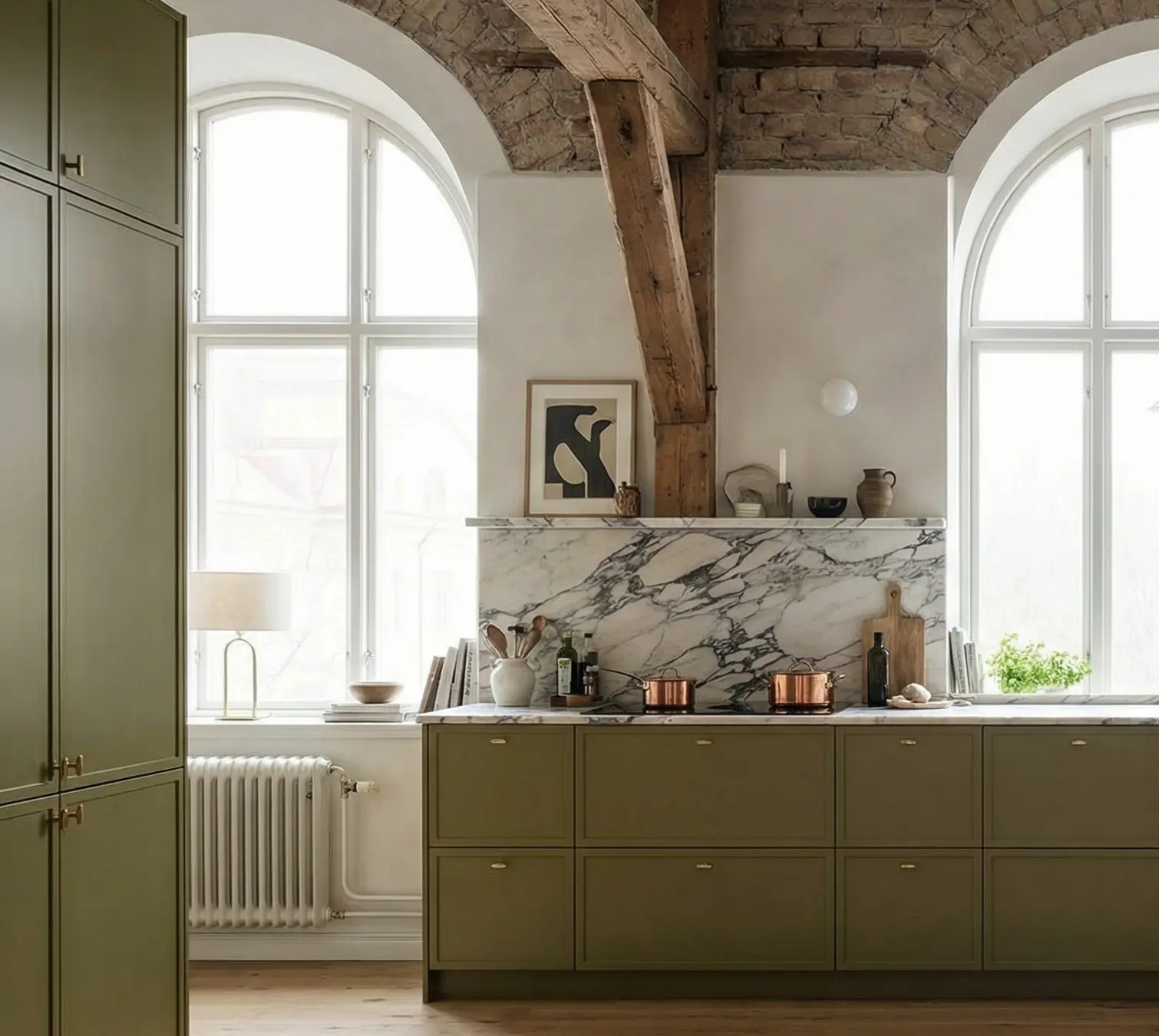 Kitchen with Frame doors, subtle mirrored panels and calm Scandinavian styling.