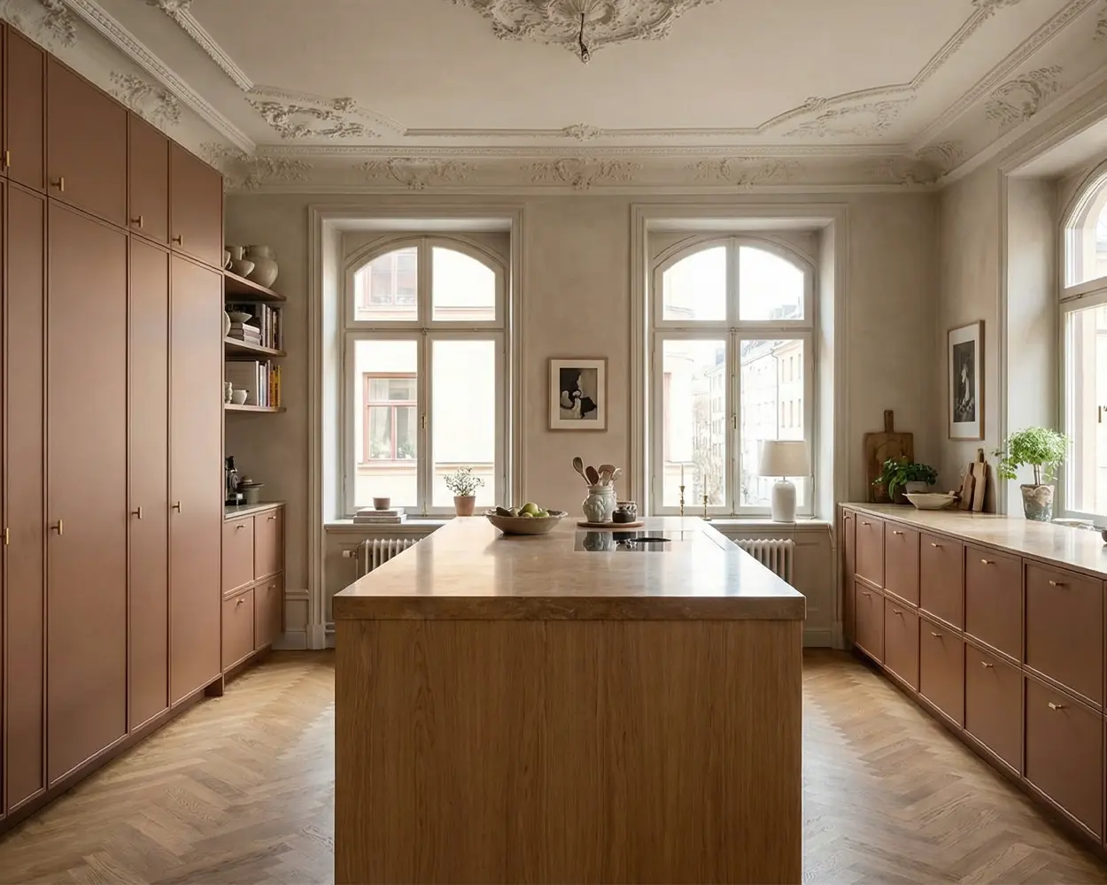 Nordic spegelfront på köksö som reflekterar dagsljus från stora fönster.