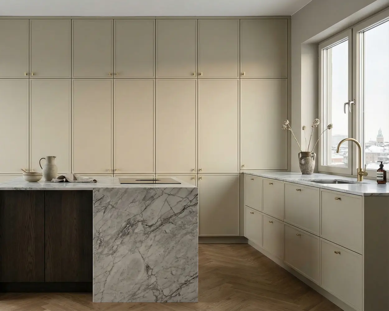 Nordic spegelfront i ljus köksmiljö med arkitektoniska linjer.