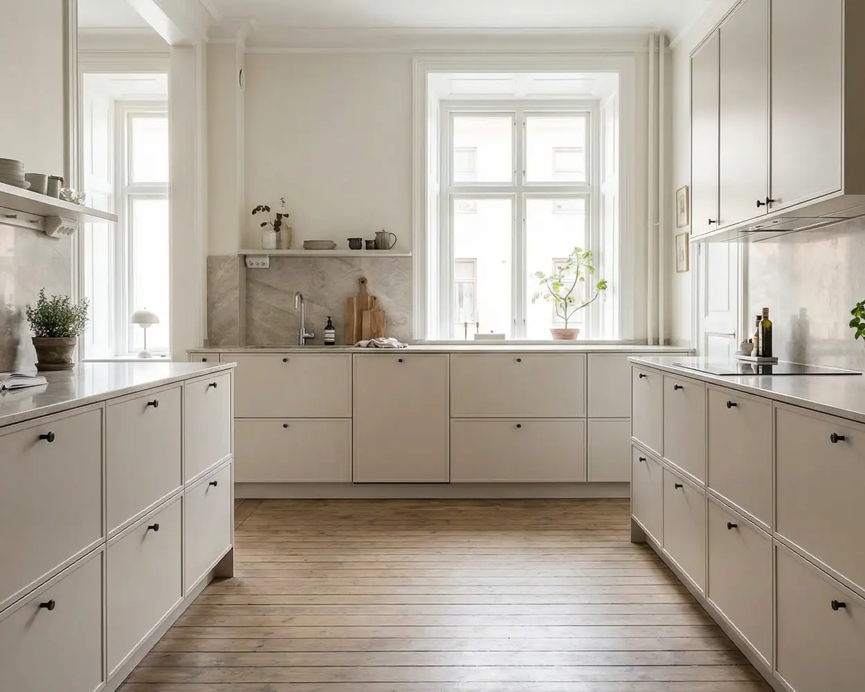 Nordic spegelfront i minimalistiskt kök med mjuka material.