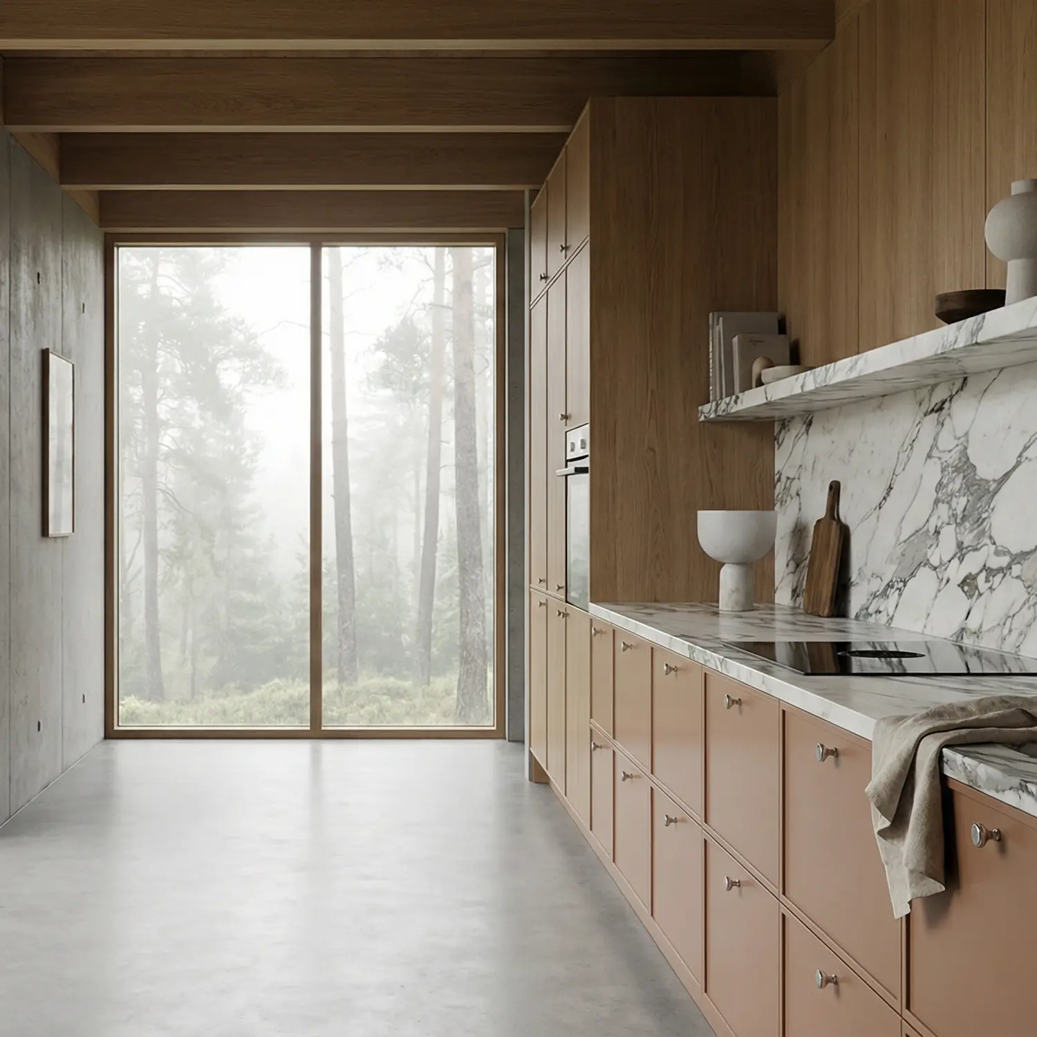 Nordic spegelfront med tunn ram i lugn köksmiljö.