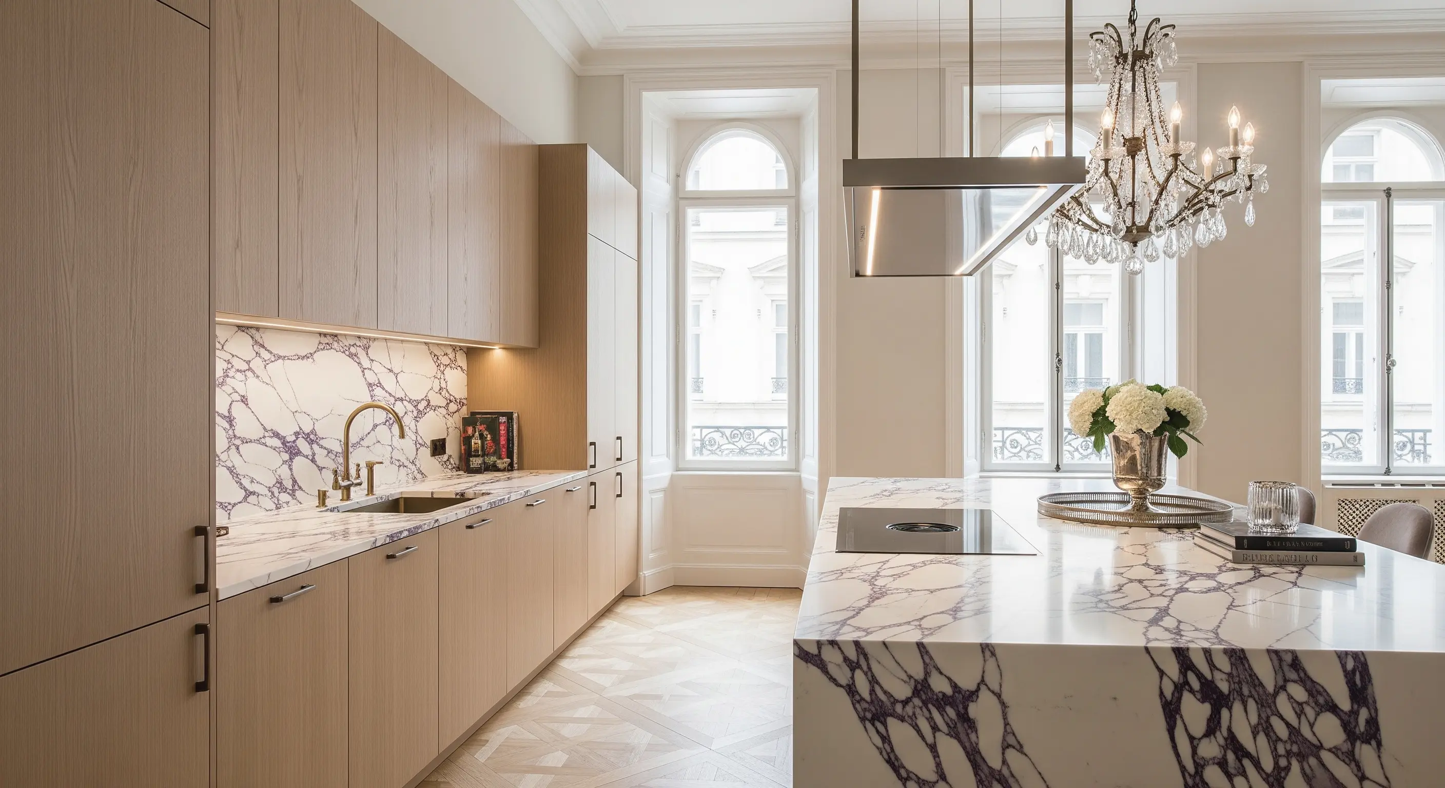 Modern IKEA kitchen with Pale Oak cabinet doors from Sankt George