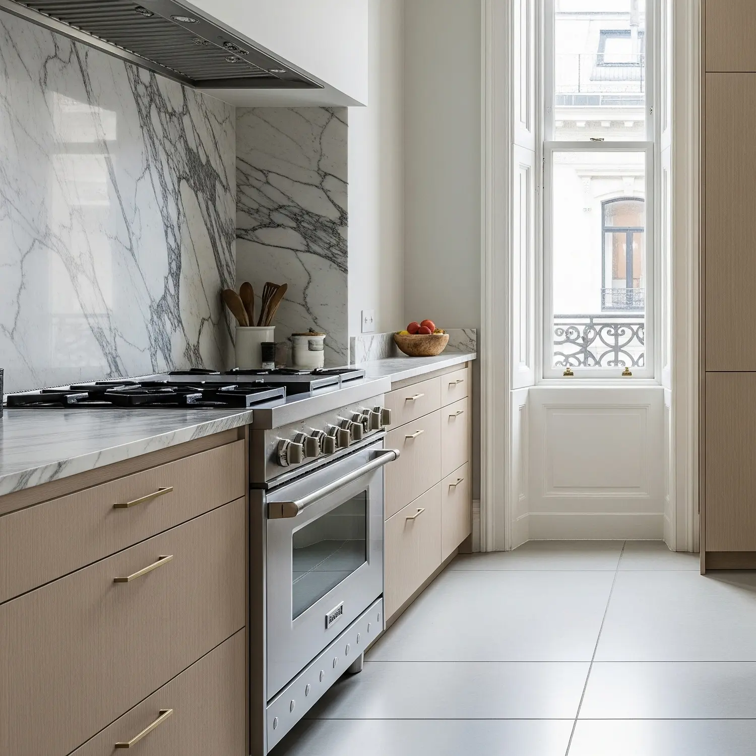 White kitchen with smooth doors, brass faucet, grey countertop and potted plants in the window.