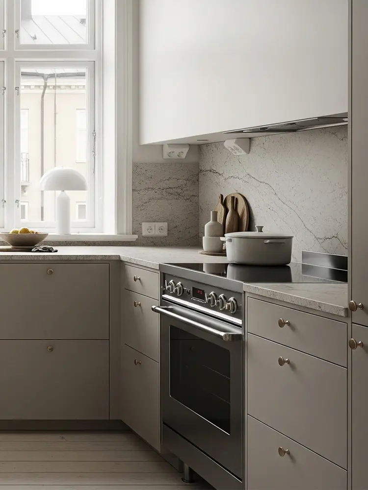 Pure köksluckor i varm greige med smala handtag