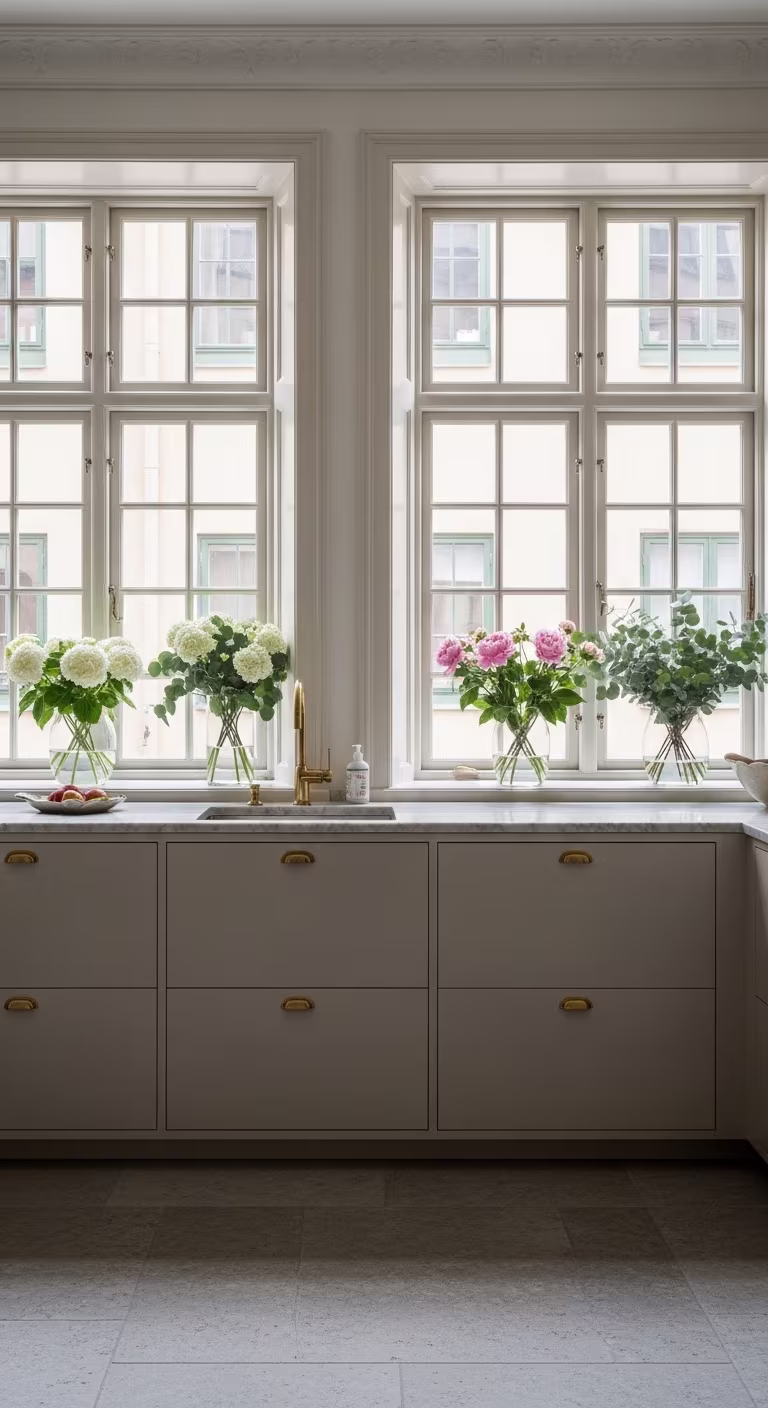Kitchen with beige drawer fronts, marble countertop, brass details and floral arrangements in the windows.