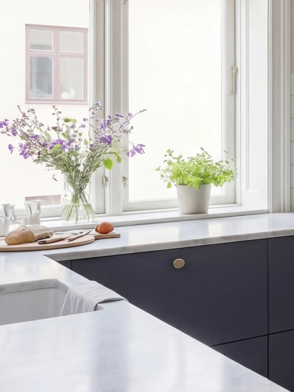 Blå köksluckor i Pure längs vägg med stor fönsterbänk, vit stenbänkskiva och knoppar i mässing.